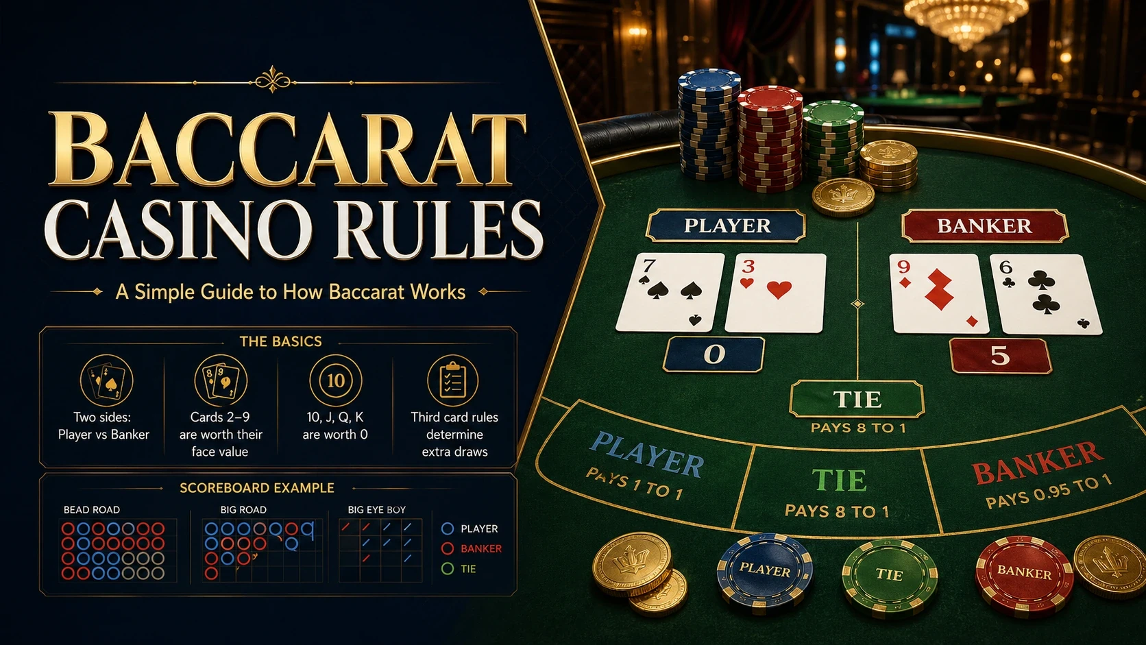 Baccarat casino rules explained with player banker and tie betting options