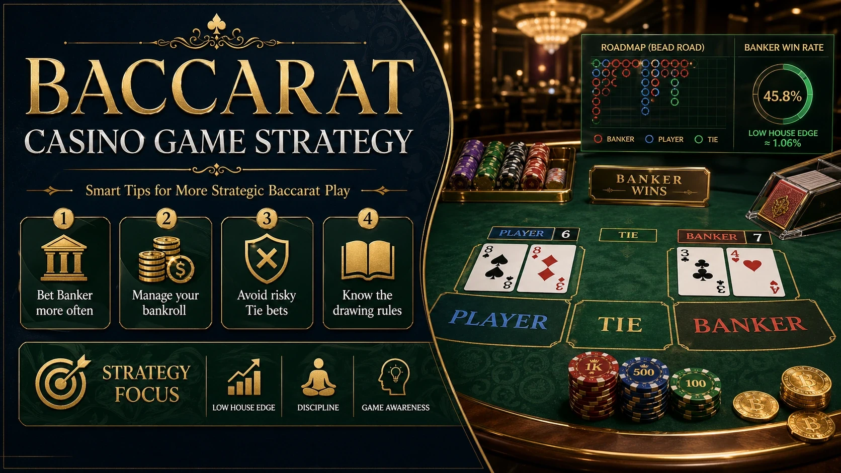 Baccarat casino game strategy guide with banker player and tie betting options