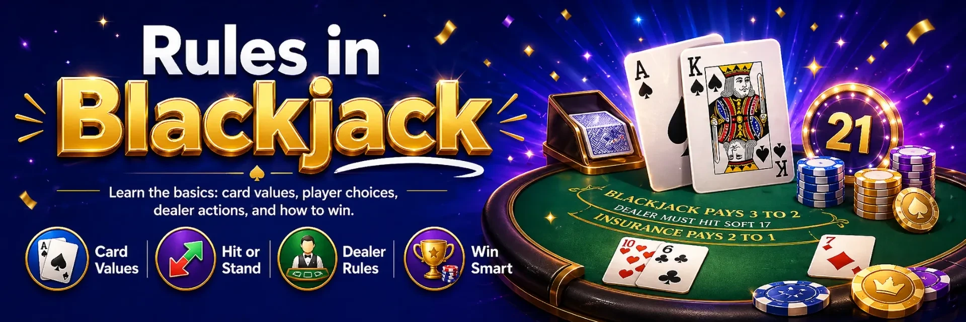 Rules in blackjack explained with cards chips dealer hand and player decisions