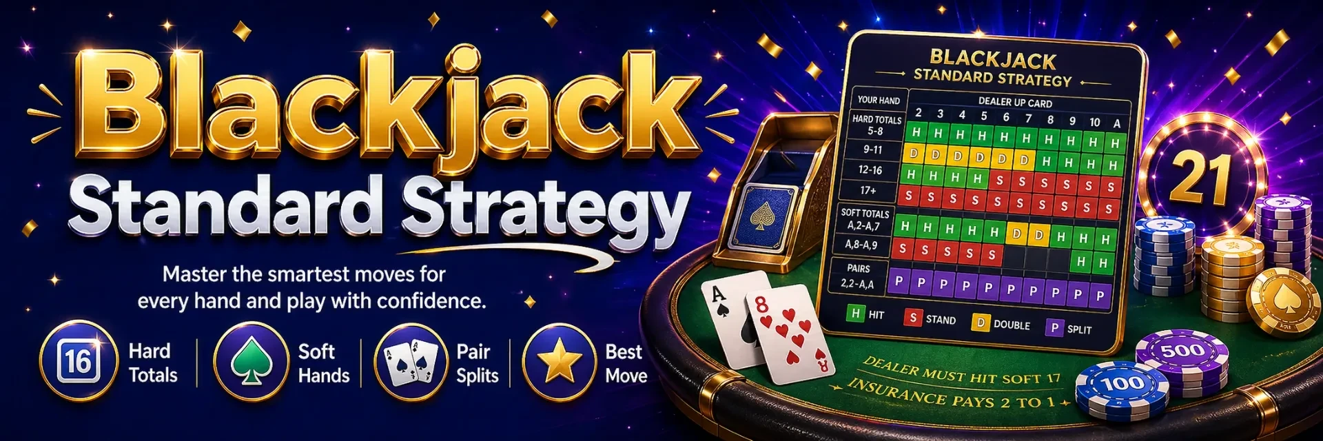 Blackjack standard strategy guide with player hands dealer upcard and decision examples
