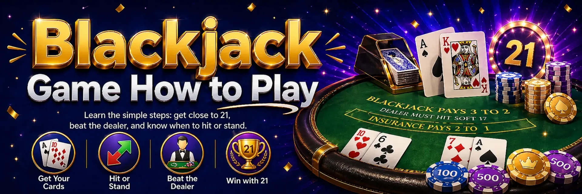 Blackjack game how to play guide with cards dealer hand chips and player decisions